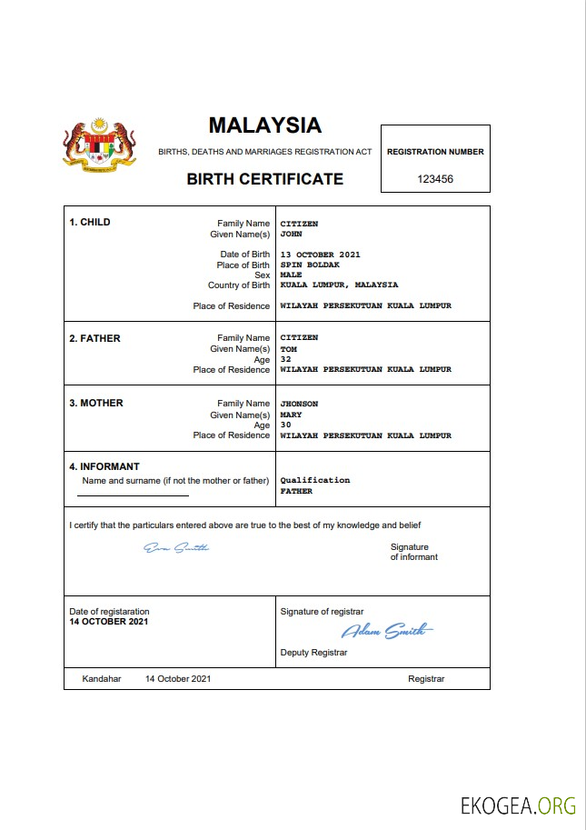Modèle Word et PDF de certificat de décès en Malaisie, entièrement modifiable